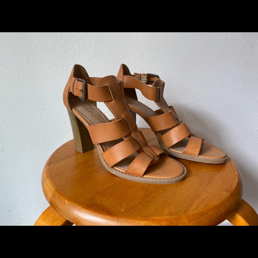 Report stacked heel sandals - tan, size 6.5
